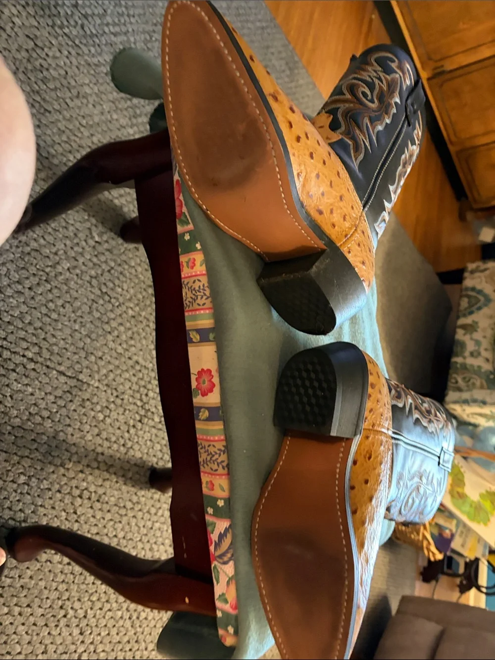 Western Ostrich-Print Leather Cowboy Boots in Tan & Black
